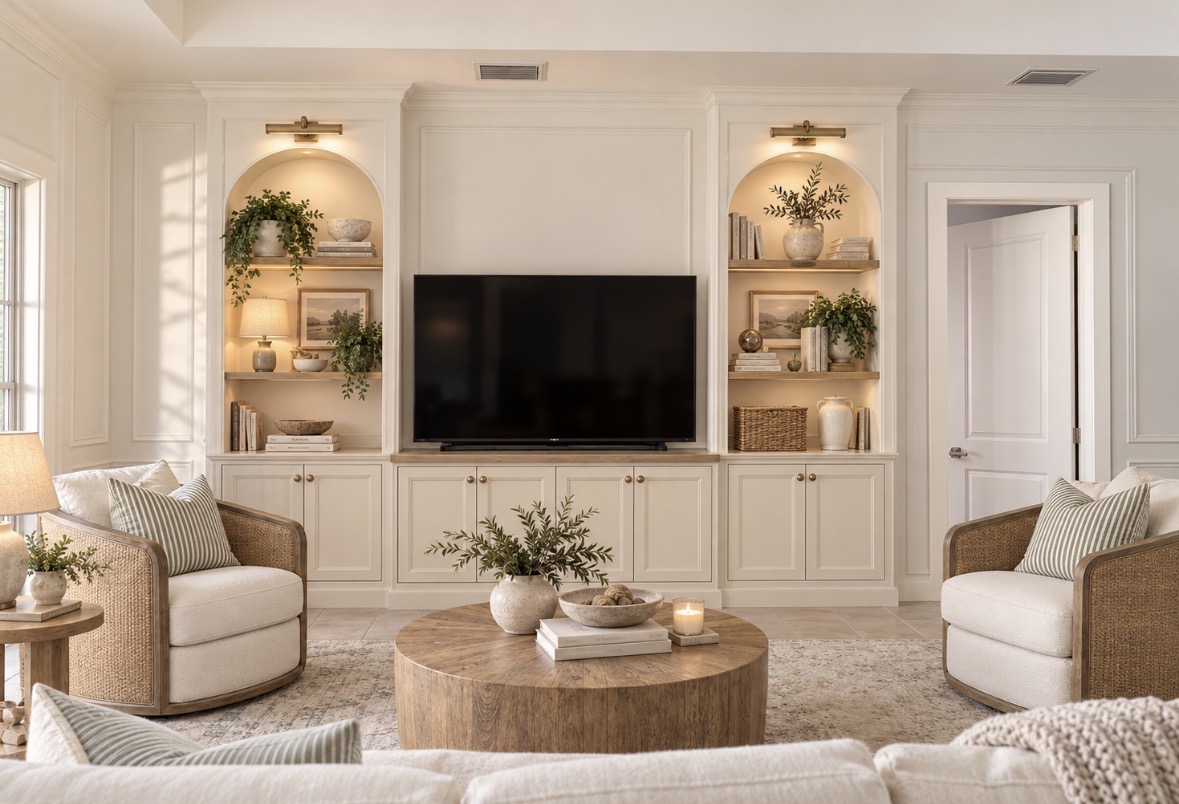 Calm cream living room with illuminated arched built-ins, woven chairs, and a round natural-wood coffee table