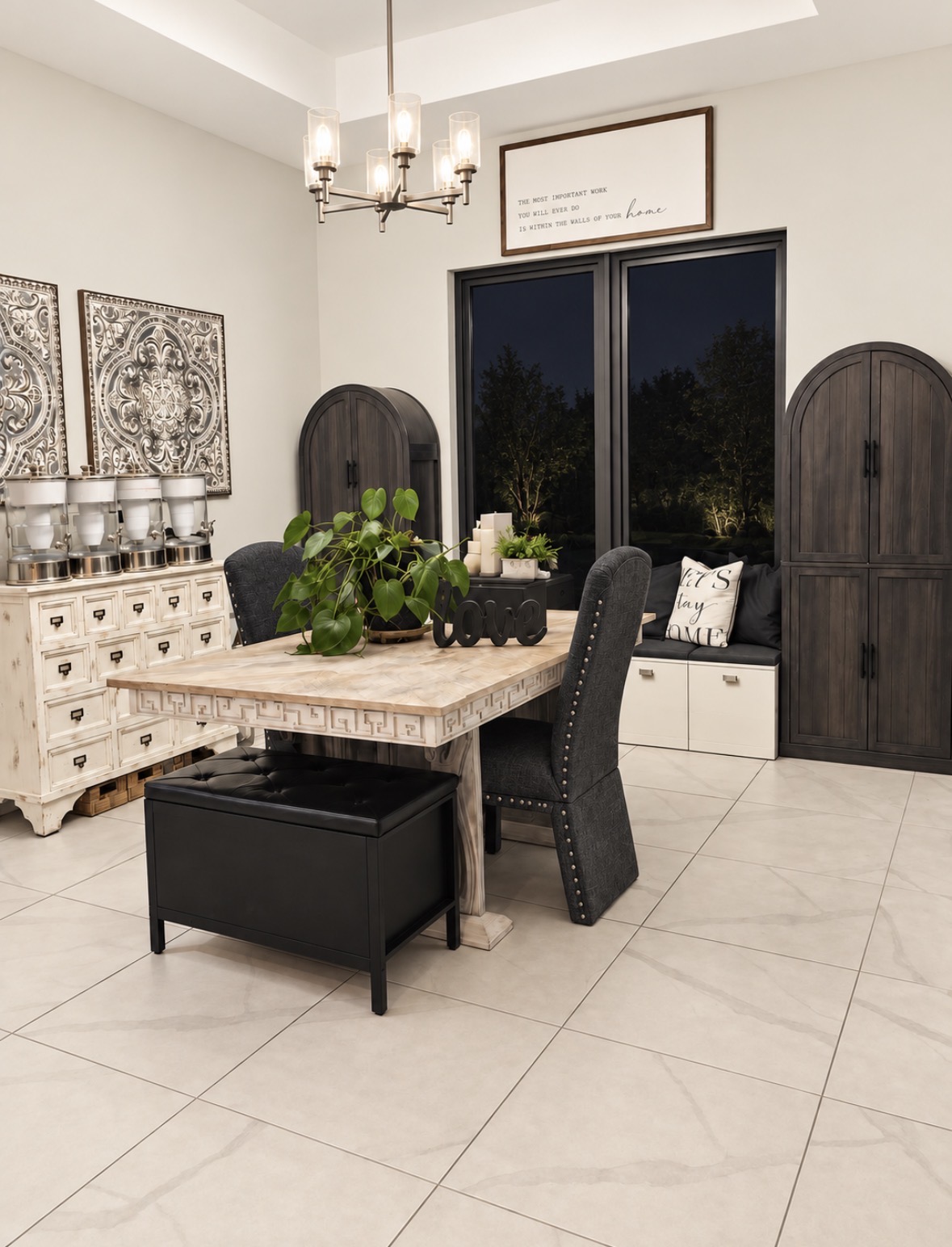 Black and ivory dining room with arched cabinets and layered collected furnishings