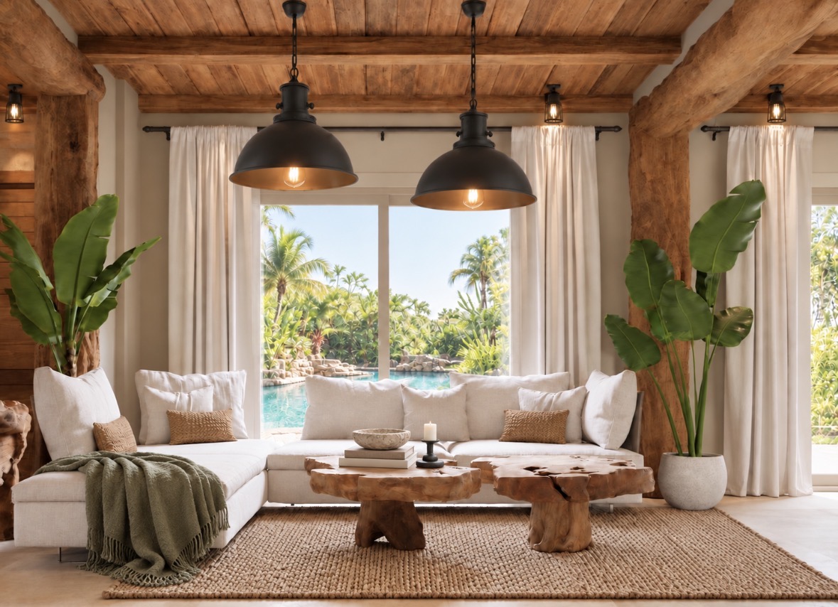Light-filled living room with cedar beams, linen seating and a view toward the pool